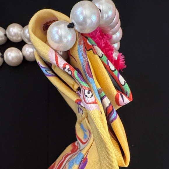 Upcycled Yellow Floral Silk Tie with Pink Silk Roses and Faux Pearl Accents - Picture 2 of 6